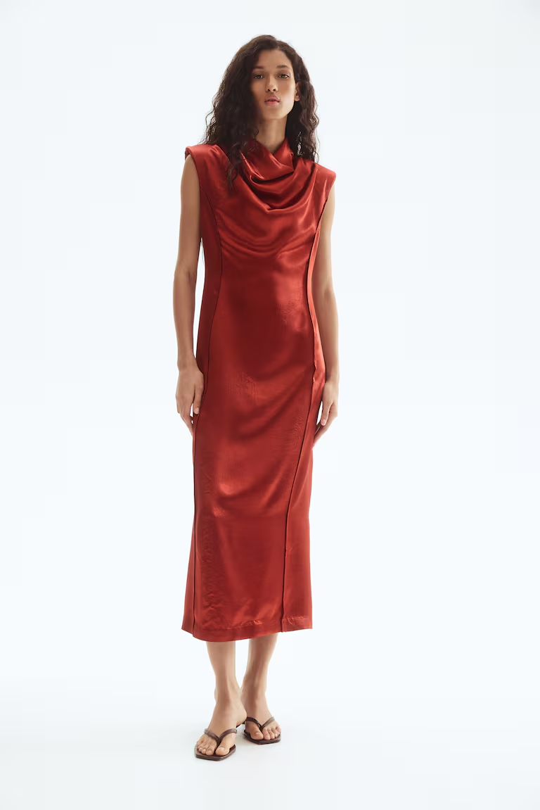 Shoulder-Padded Satin Dress