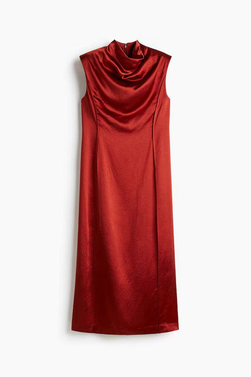 Shoulder-Padded Satin Dress